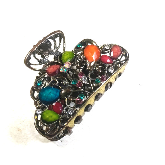 Hair Claw Clip Rhinestone Bright Colored Bejeweled Copper Tone Metal - Picture 2 of 5